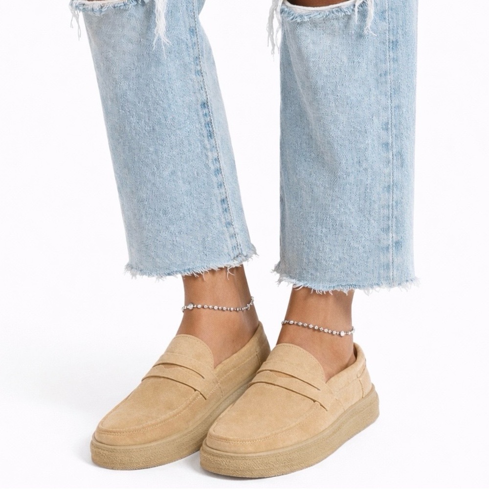 Beige Suede Boho Slip-On Penny Slippers, Minimalist Mule Loafers Casual Flats 10